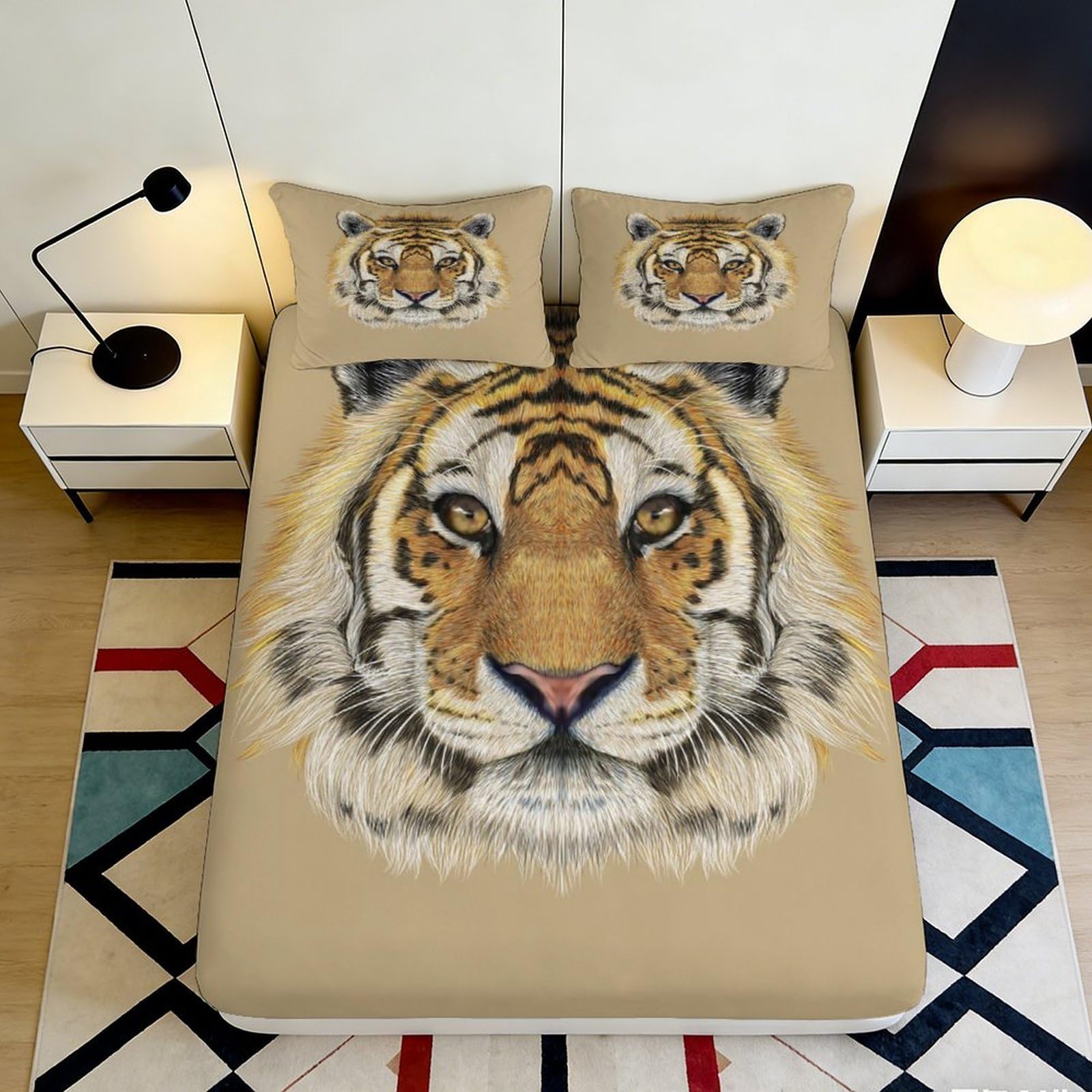 3D Printed Tiger Face Fitted Sheet Microfiber Soft Durable Beige Bed Cover for Bedroom Dormitory Guest Room Mattress Protection Decoration 200x200x25cm
