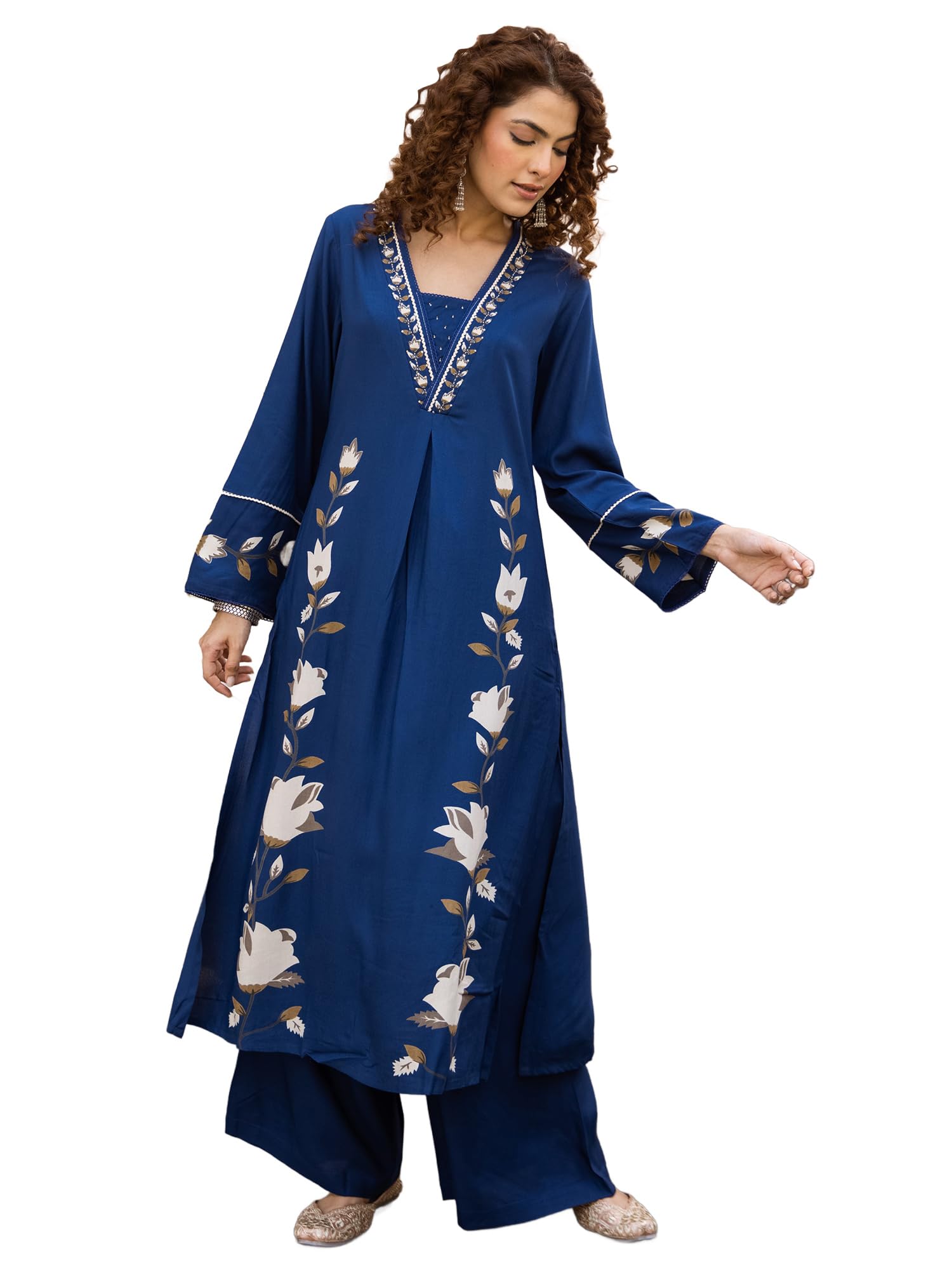 indo era Women's Viscose Rayon Floral Printed A-Line Kurta & Palazzo Set-picture-11