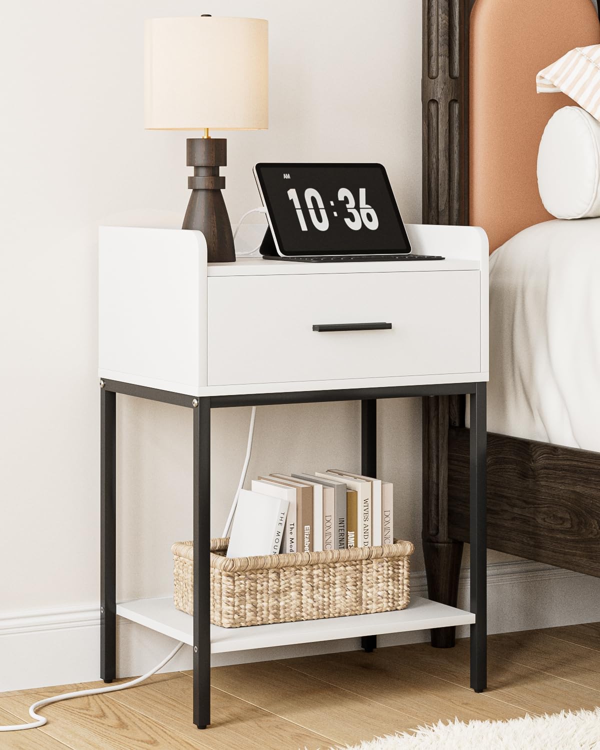 Nightstand with Charging Station, Modern Bedside Table with Drawer and Legs,White and Black Night Stand with Open Shelf, Narrow Side Table for Bedroom, Living Room