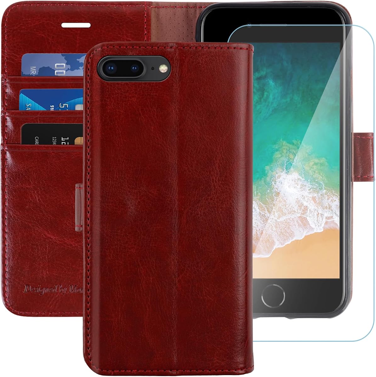 Funda tipo billetera MONASAY para iPhone 8/7 Plus con 3 tarjeteros - Borgoña | Soporte, bloqueo RFID, 6.6 pies de absorción de impactos, cuero de PU, fuerte cierre magnético, solo se adapta a 5,5 pulgadas, protector de pantalla