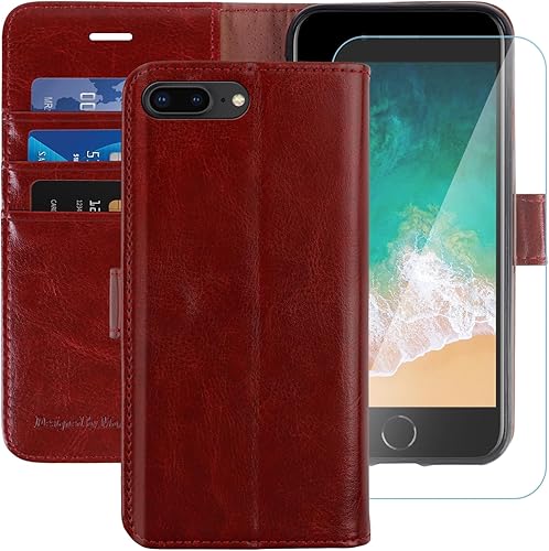 MONASAY Funda tipo cartera compatible con iPhone 8 Plus, iPhone 7 Plus, protector de pantalla de cristal, bloqueo RFID, funda de piel con tarjetero