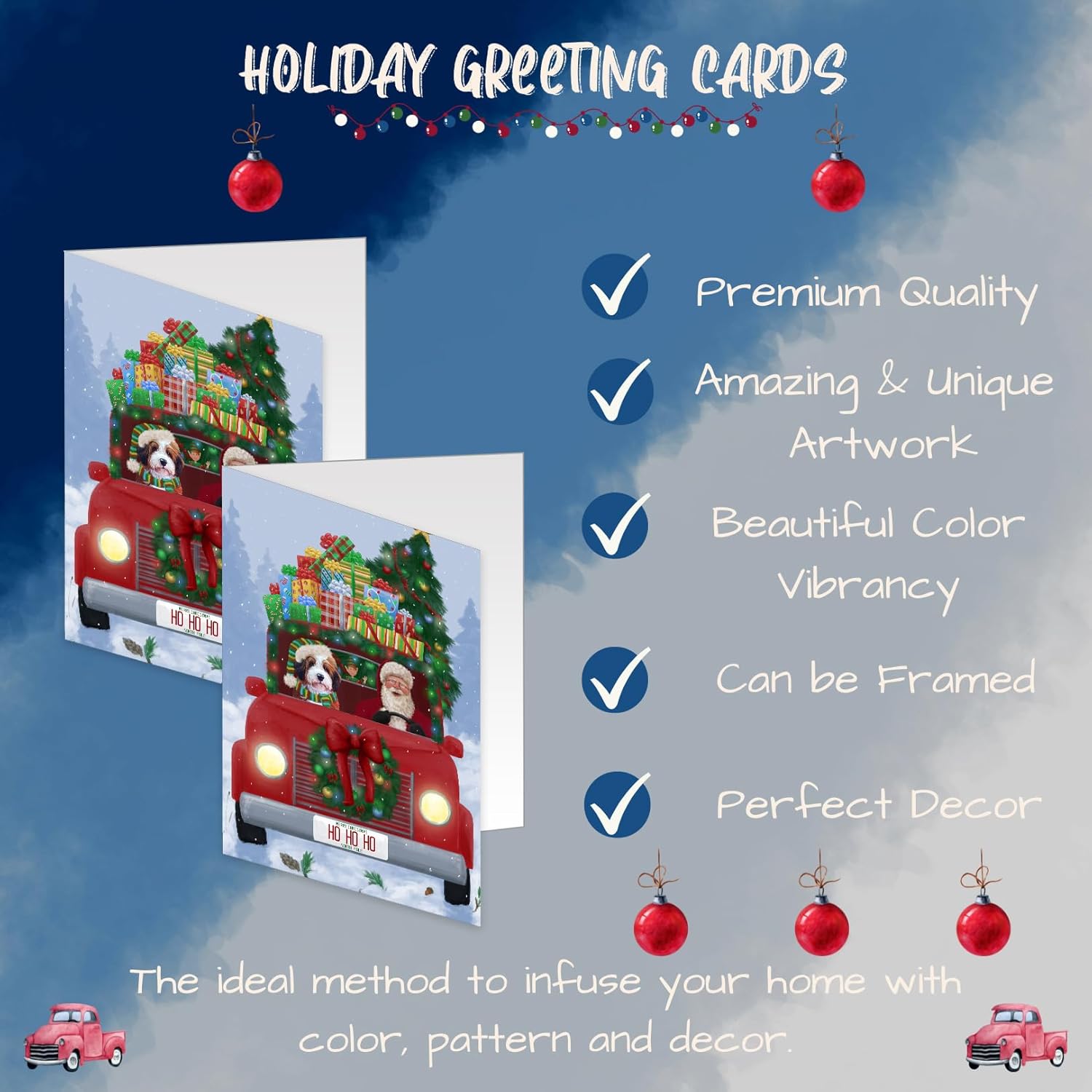 Christmas Honk Honk Red Truck Here Comes with Santa and Bernedoodle DogNote Cards - Adorable Pets Invitation Cards with Envelopes - Pet Artwork Christmas Note Cards GCD75485 (10 Greeting Cards)