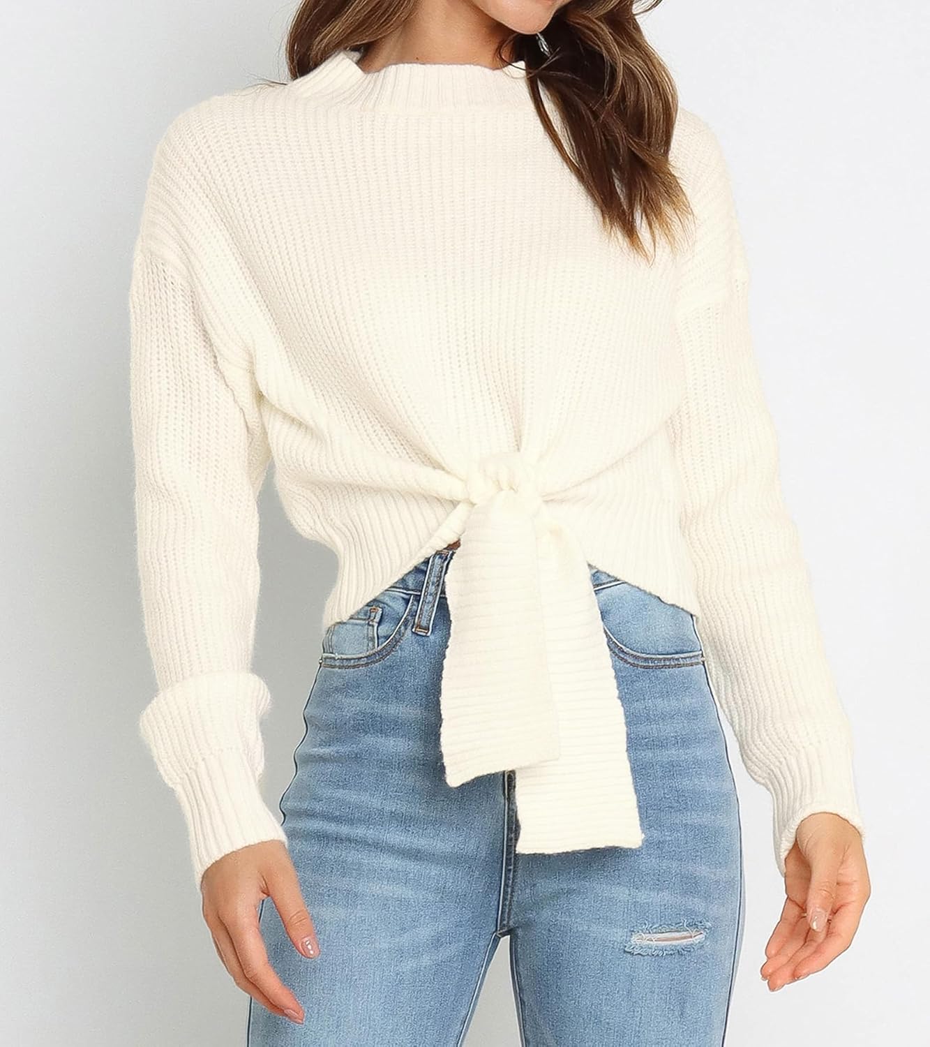 Okiwam Women's Long Sleeve Cropped Sweaters Casual Knit Pullover Tie Front Crew Neck Fall Outfits Spring Fashion Clothes 2026 - Image 7