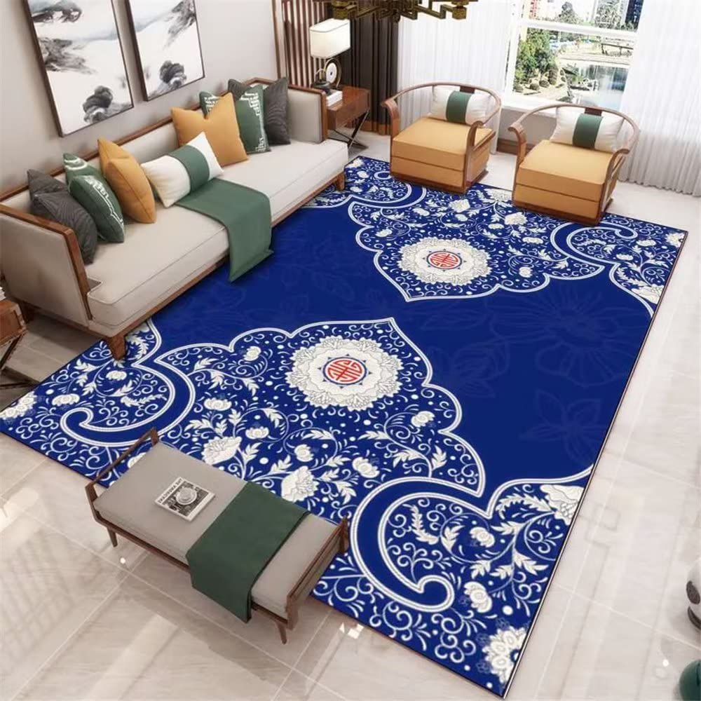 Tapis fin 100X200Cm bleu géométrique pour décoration salon moderne