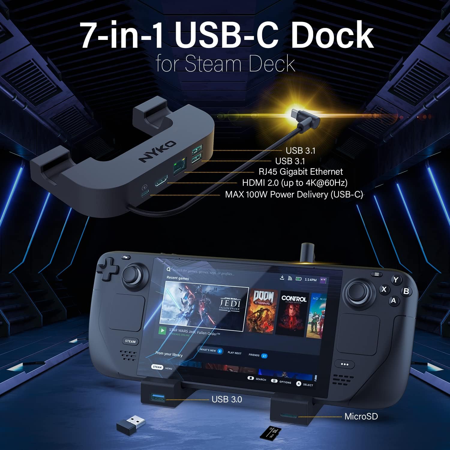 Nyko – Power Dock for Steam Deck | 6-in-1 Steam Deck Dock | Speed Charging USB-C Power Dock | 2 USB 3.1 Ports | USB 3.0 Port | Gigabit Ethernet Port | HDMI Out (up to 4K @60hz) | Micro-SD Card Slot