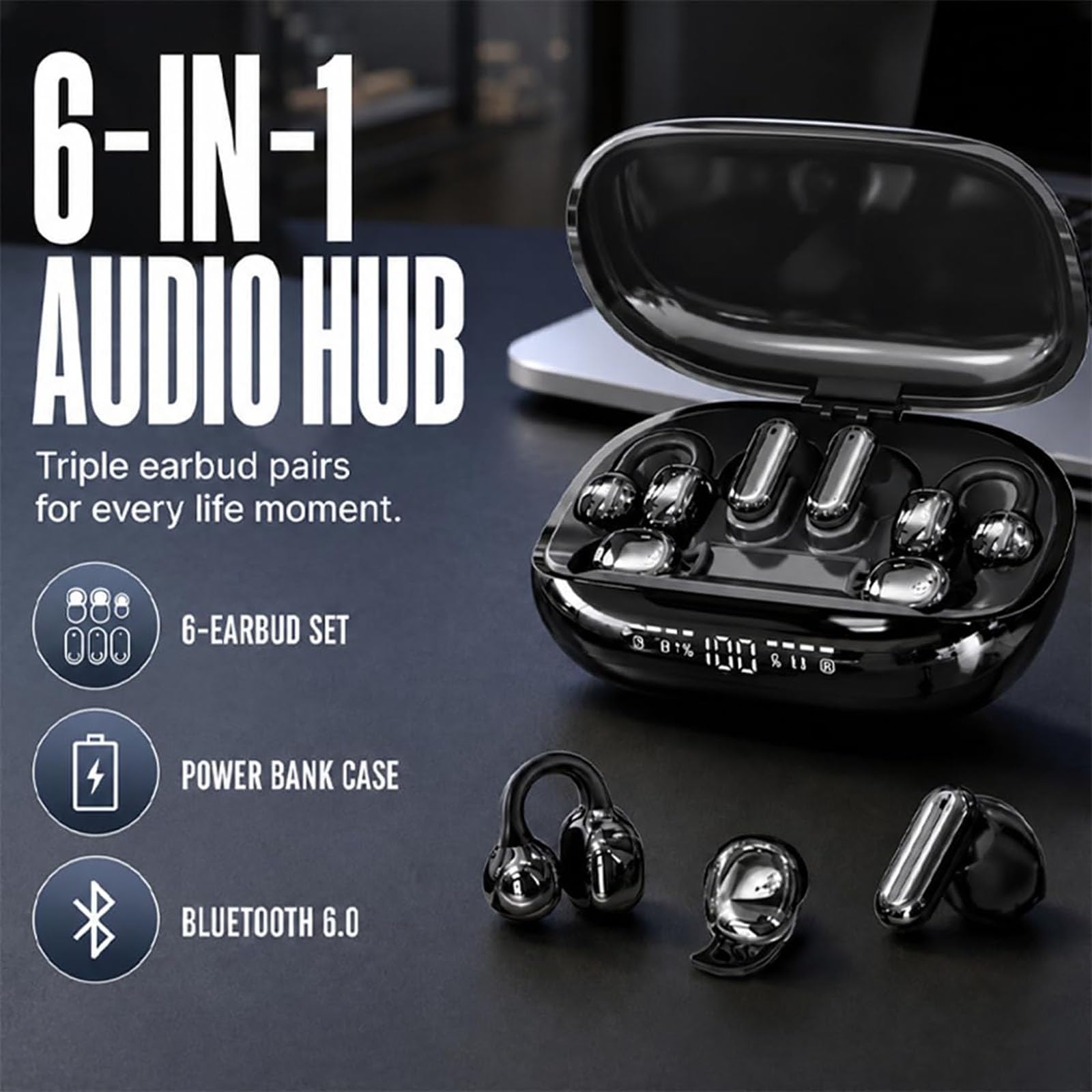 Auriculares Inalámbricos 6 En 1 para Dormir con Estuche De Carga, Clip Intercambiable, Intrauriculares Y para Dormir, 3 Modos De Uso, Bluetooth 6.0, Pantalla LED, Batería De Larga Duración. (Purple)