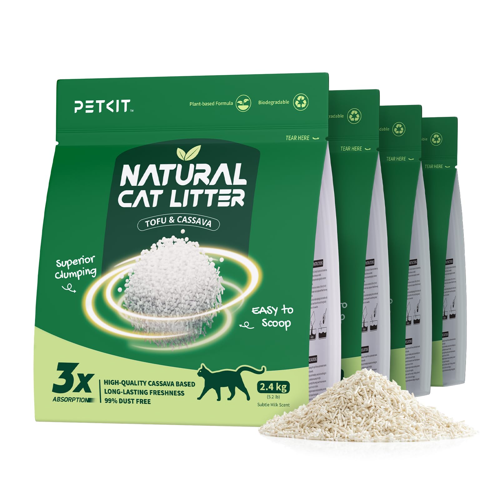 PETKIT Upgraded Cassava Cat Litter, Fast Clumping 9.6KG Plant-Based Natural Tofu Litter, Superior Odour Control, Dust-free & Low Tracking, Flushable, 100% Biodegradable, Long-Lasting for Multi-cats