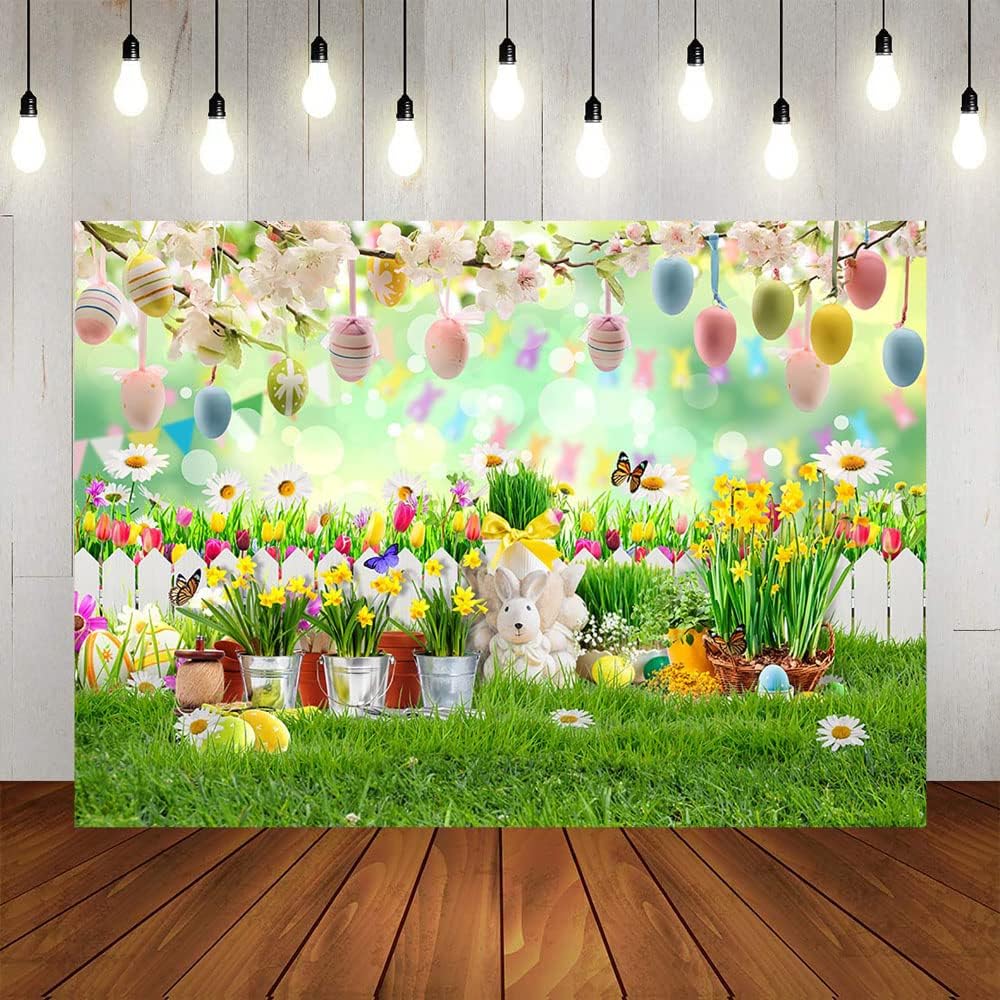 Avezano Spring Easter Backdrop Garden Green Lawn Grass Pink Floral Butterfly Fence Rabbit Background Newborn Baby Shower Birthday Wedding Bridal Shower Photo Studio Props (10x8)