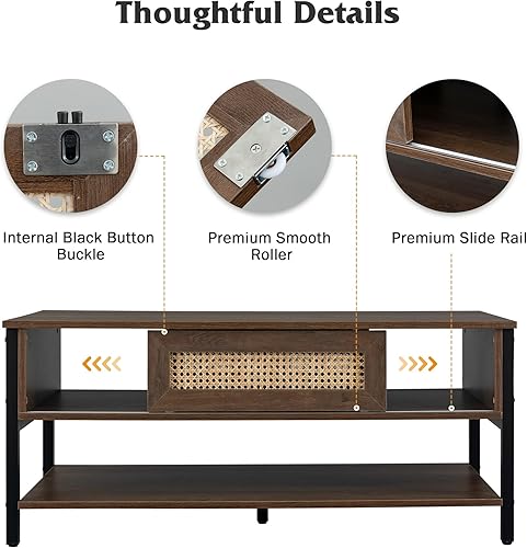 Miniatura 5 de Mesa de centro bohemia con puertas correderas de ratán natural, mesa de centro moderna de mediados de siglo con almacenamiento, mesa de centro de
