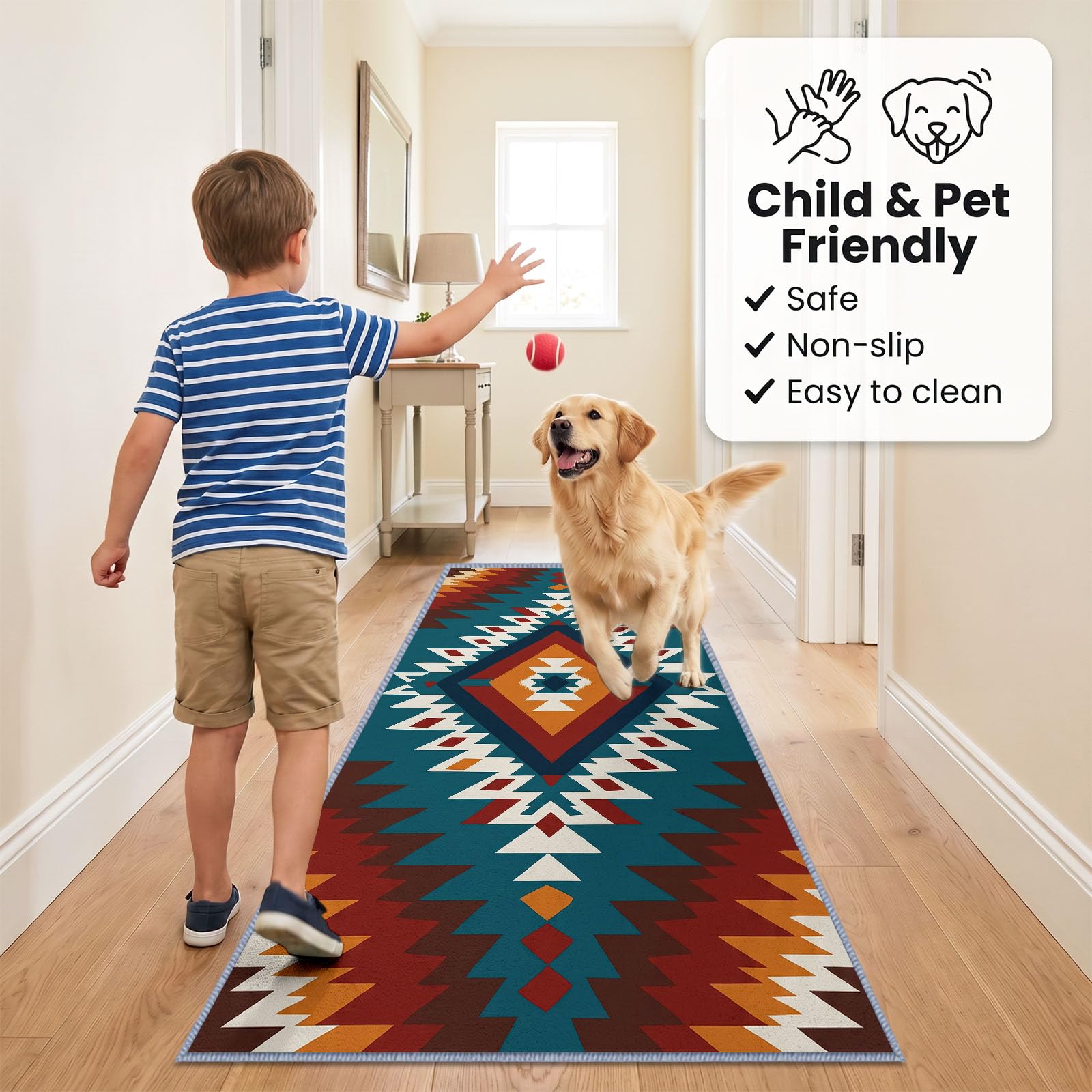 Dywan do przedpokoju 80 x 240 cm Aborygenów Amerykański Południowy Zachód, Tekstura Ręcznie tkany dywan Kilim Antypoślizgowy dywanik kuchenny i wejście, można prać w pralce, miękkie włosie, duży dywan