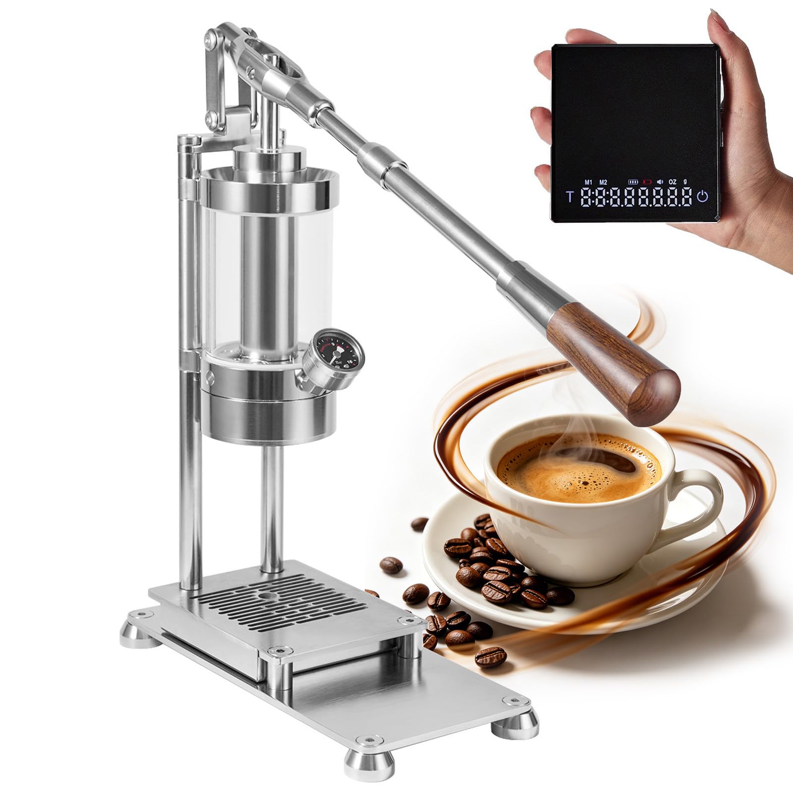 Hand press Espresso Maker, Retro Manual Coffee Machine, 58mm Filter Basket, 1-16 Bar Adjustable Pressure, 345ml Volume, for Espresso Makers Campers, Hand Operated Espresso Apparatus Set+DigitalScale