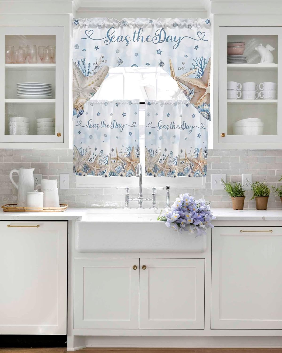 Blue Starfish Coastal Swag Curtains Valance and Tier Set, Rod Pocket Curtain Drapes for Bedroom Bathroom Sink Kitchen Curtains 3 Piece Set Nautical Summer Beach Ocean Coral Swag Valances and 36" Tiers