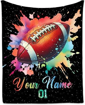 Personalized Football Blanket, Custom Football Gifts for Boys Men Adults, Flannel Throw Blankets for Team Player, Sport Theme Throws Boys Room Decor for Couch Sofa Colorful, 30x40 Inch