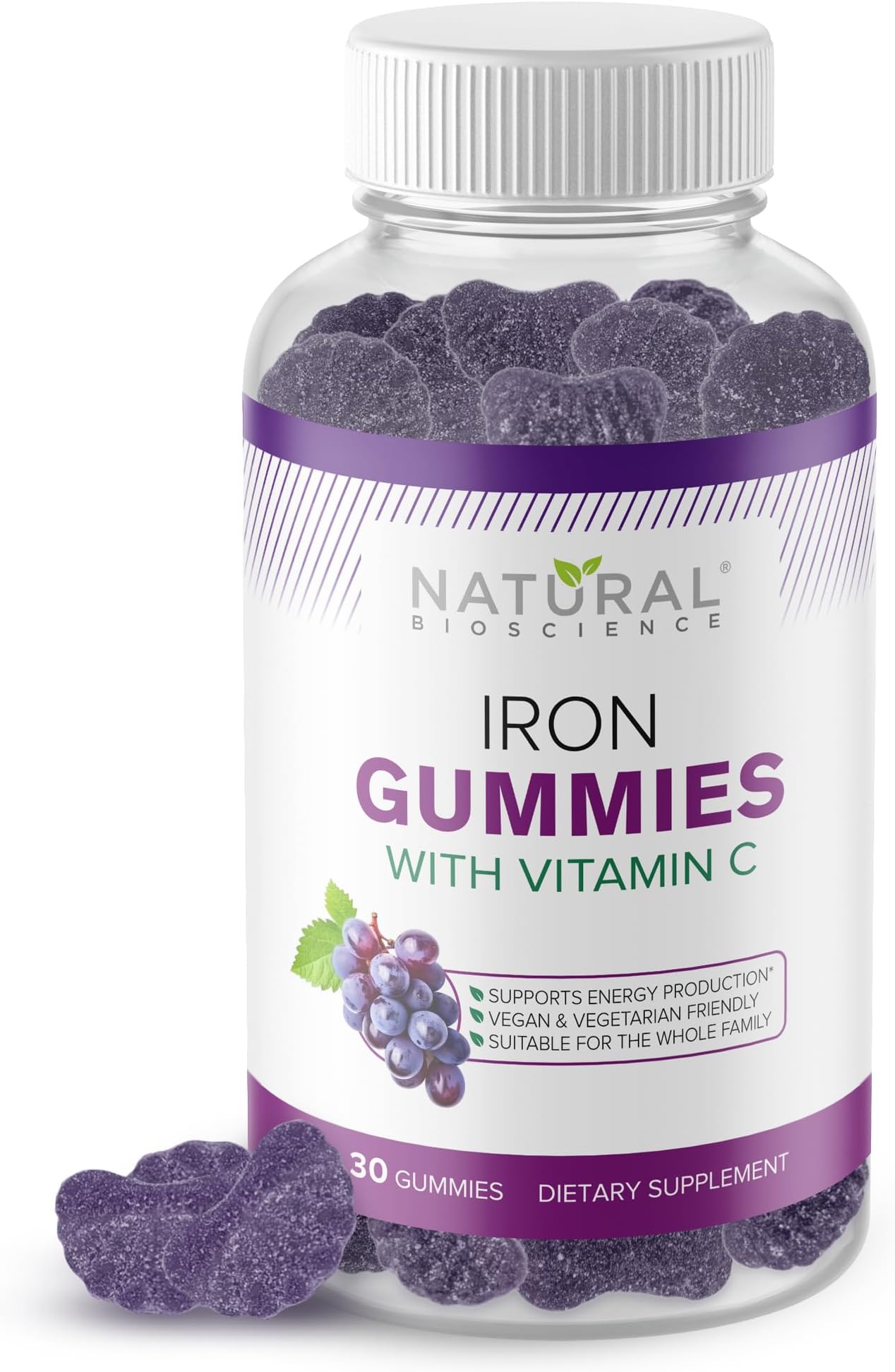 Iron Gummies with Vitamin C for Adults & Kids - Chewable Iron Supplement for Iron Deficiency Anemia, Red Blood Cell Support, Energy, Immune Function, Brain Health, Max Absorption, Grape Flavor, Vegan