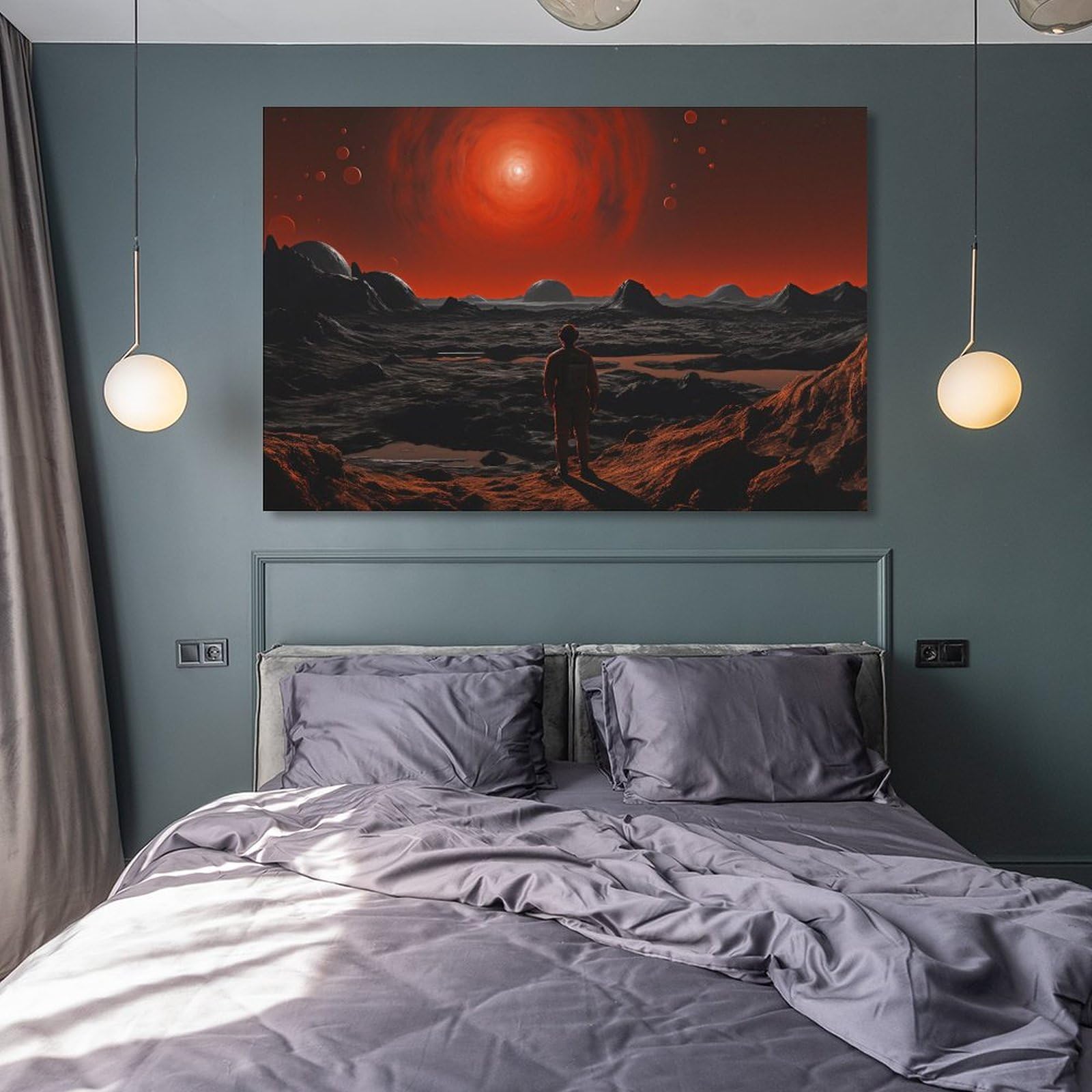 Inquietante spazio deserto tela Wall Art per camera da letto Red Sun Fantascienza Fantasy Wall Decor Poster per camera estetica