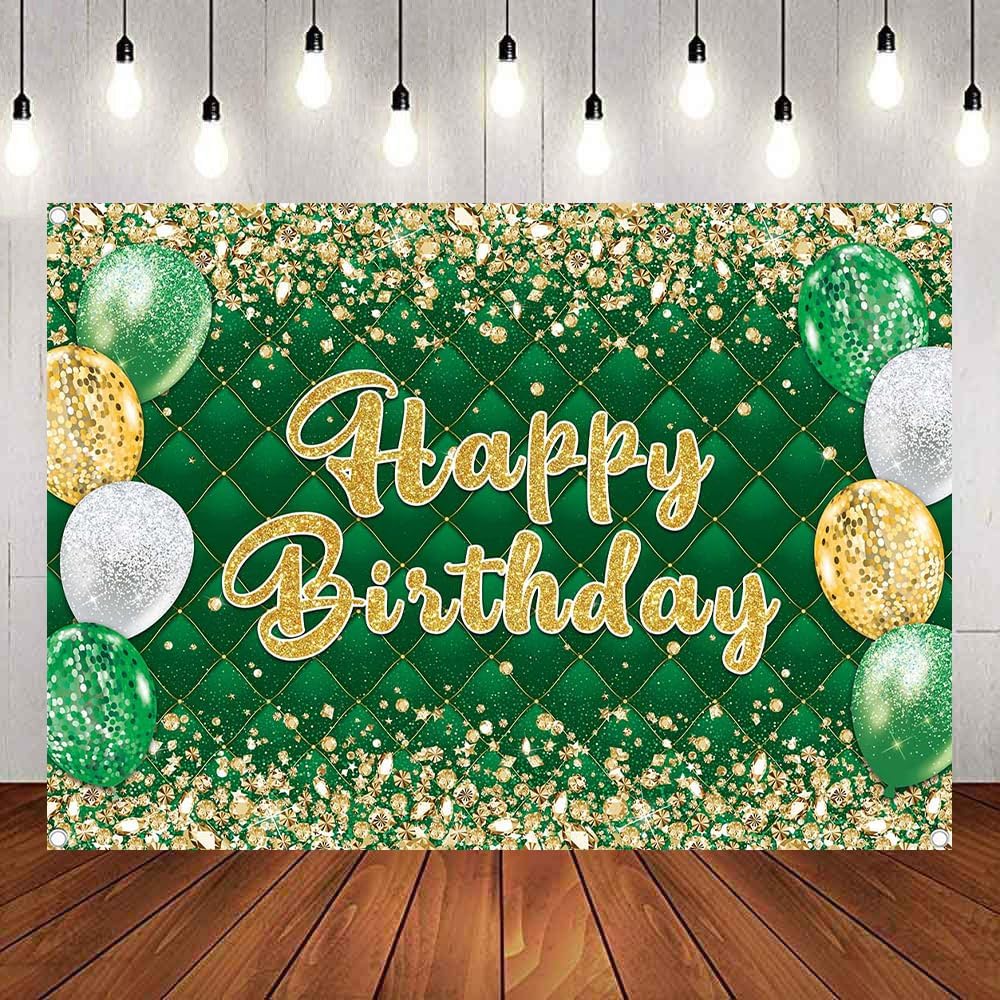 Green Gold Birthday Banner Backdrop Gold and Green Glitter Happy Birthday Photography Background Men Women Kids Party Decoration Photo Supplies (Green, 82x59inch (7x5FT))