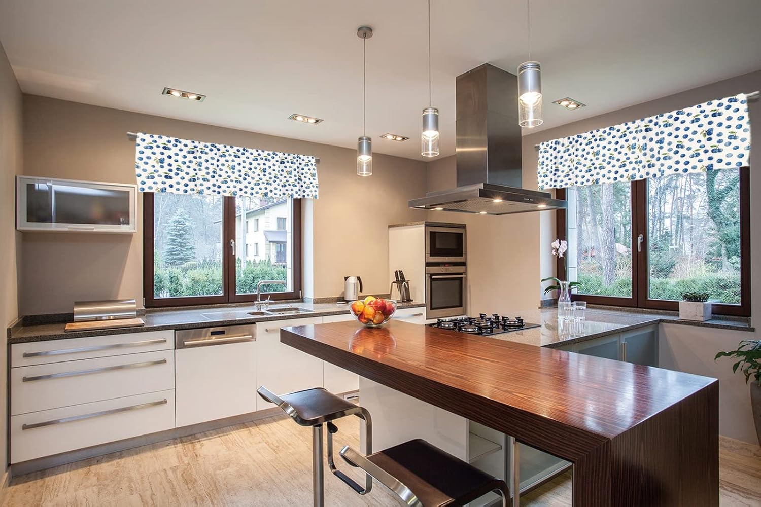 Healbrighting Blackout Watercolor Blueberries Fruit Rod Pocket Short Window Curtain Valance for Kitchen Bedroom Decor, 52" x 18", Blue and White, 2 Panels