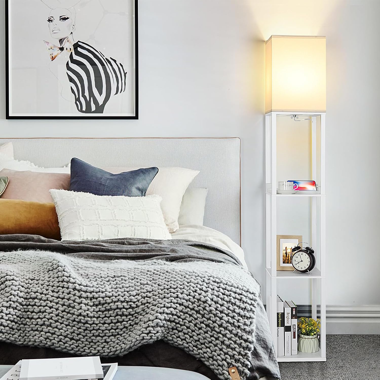 FOLKSMATE Touch Control Shelf Floor Lamp, Modern Dimmable LED Standing Lamps with Shelves, Charging USB Ports, Type C Port and Power Outlet, Wood Tall Light for Living Room, Bedroom, Bedside，White