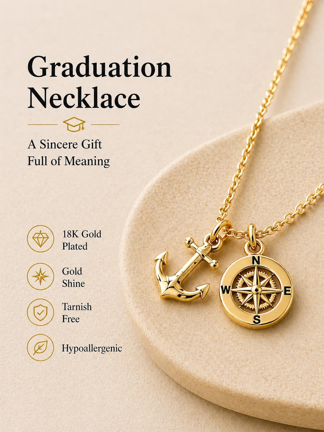 Zealmer Dainty 18K Gold Plated Compass World Map Pendant Necklace Graduation Gift for Friends
