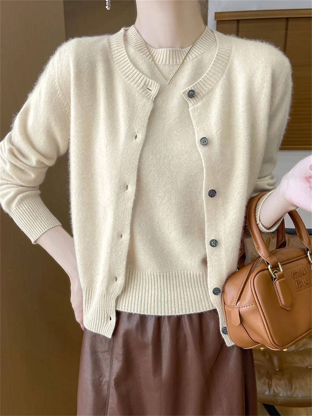 Women Chic Wool Twinset O-Neck Cardigan Pullover Cashmere Winter 100 Percent Merino Wool Sweater