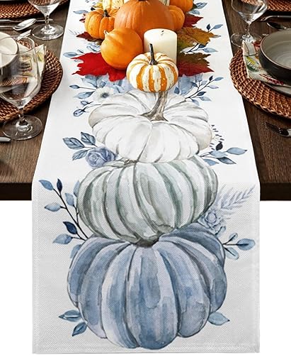 Miniatura 1 de Camino de mesa de otoño de calabaza blanca y azul, caminos de mesa de cosecha de Acción de Gracias, hojas de eucalipto azules, algodón y lino,