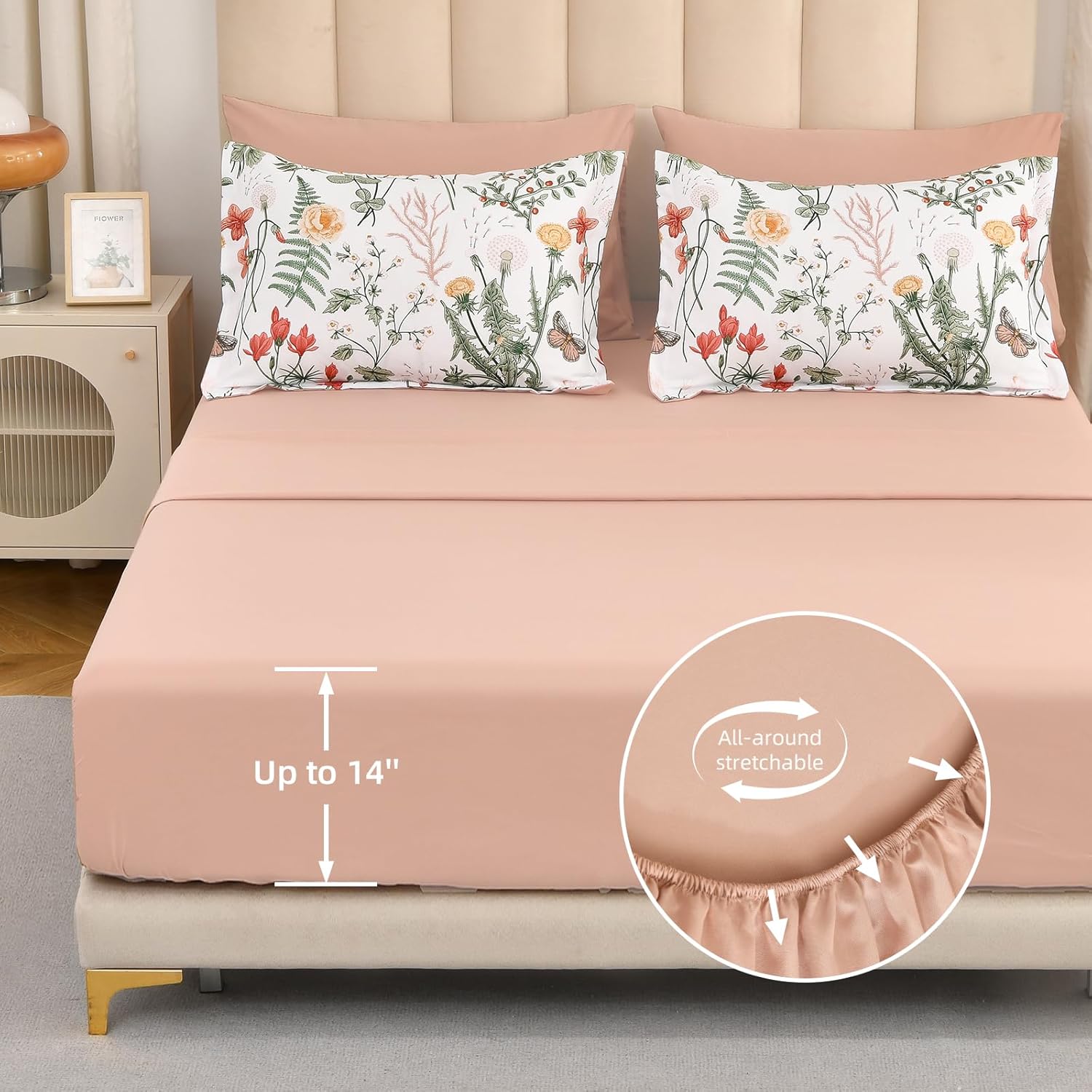 Yiran 7 Piece Floral Comforter Set King Size, Pink Green Summer Comforter Bedding Set, Botanical Bed in a Bag with Flowers Pattern, Soft Microfiber Complete Bedding Set with Sheets for All Season - Image 6