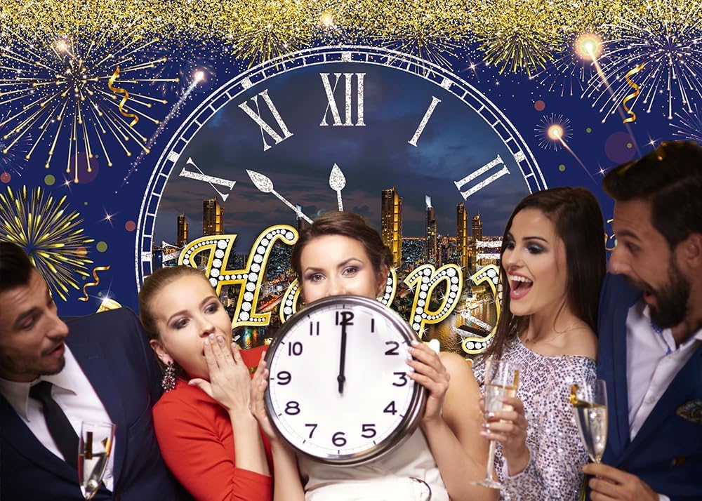 Blue Gold Happy New Year Backdrop City Nightscape Countdown Clock Glitter Fireworks Champagne Photography Background New Year Eve Family Reunion Party Decoration 7x5FT