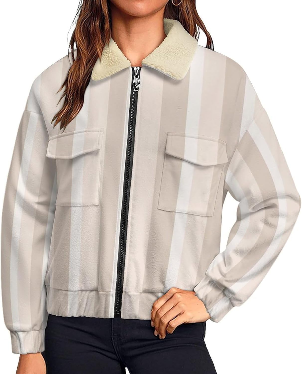 Women's Full Zip Soft Polar Fleece Jacket, Horizontal Stripes Printed Coat, Long Sleeve Comfortable Outerwear