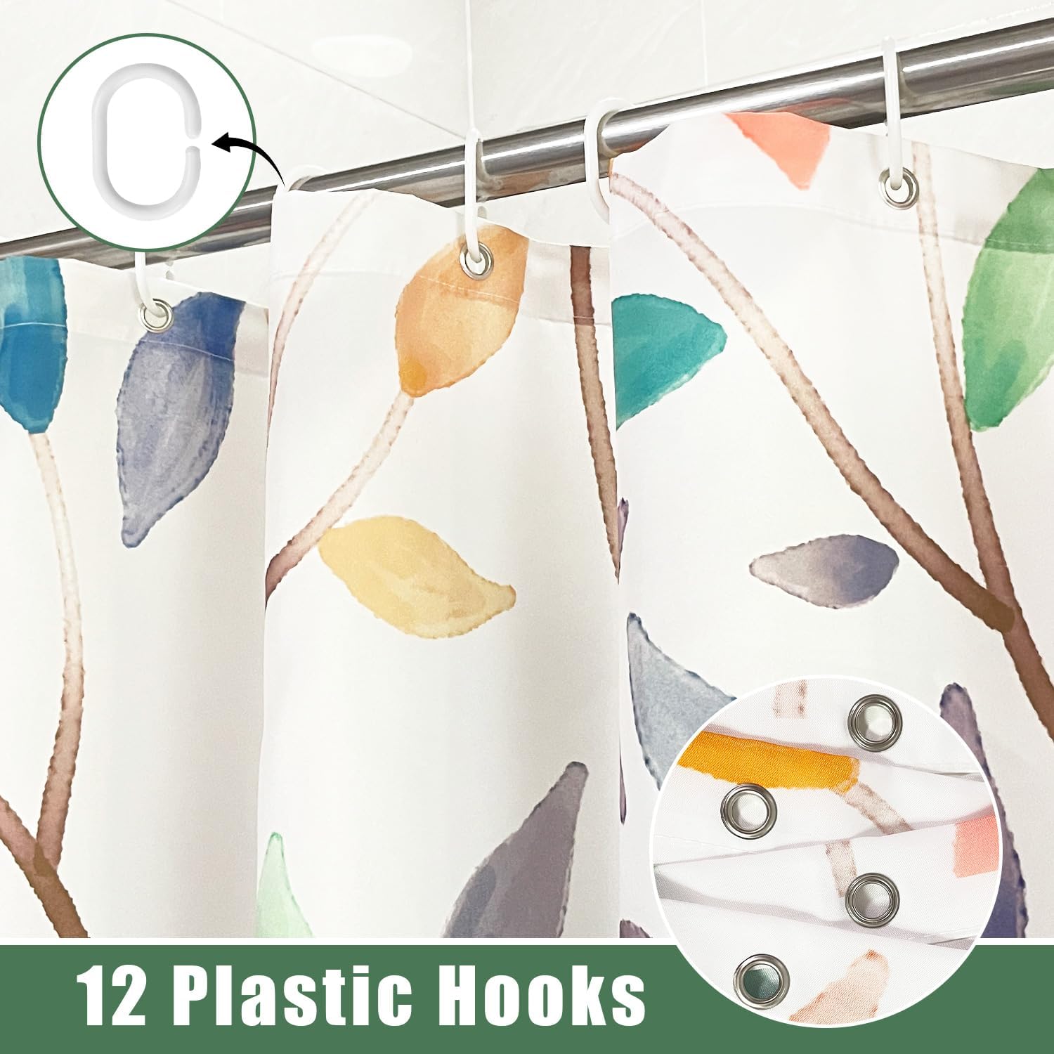 JWXCBIM Boho Leaf Floral Shower Curtain, Spring Summer Modern Colorful Botanical Leaves Bohemian Fabric Shower Curtain Set with 12 Hooks, Bathroom Accessories Decor Cloth Curtain 72x72 Inches