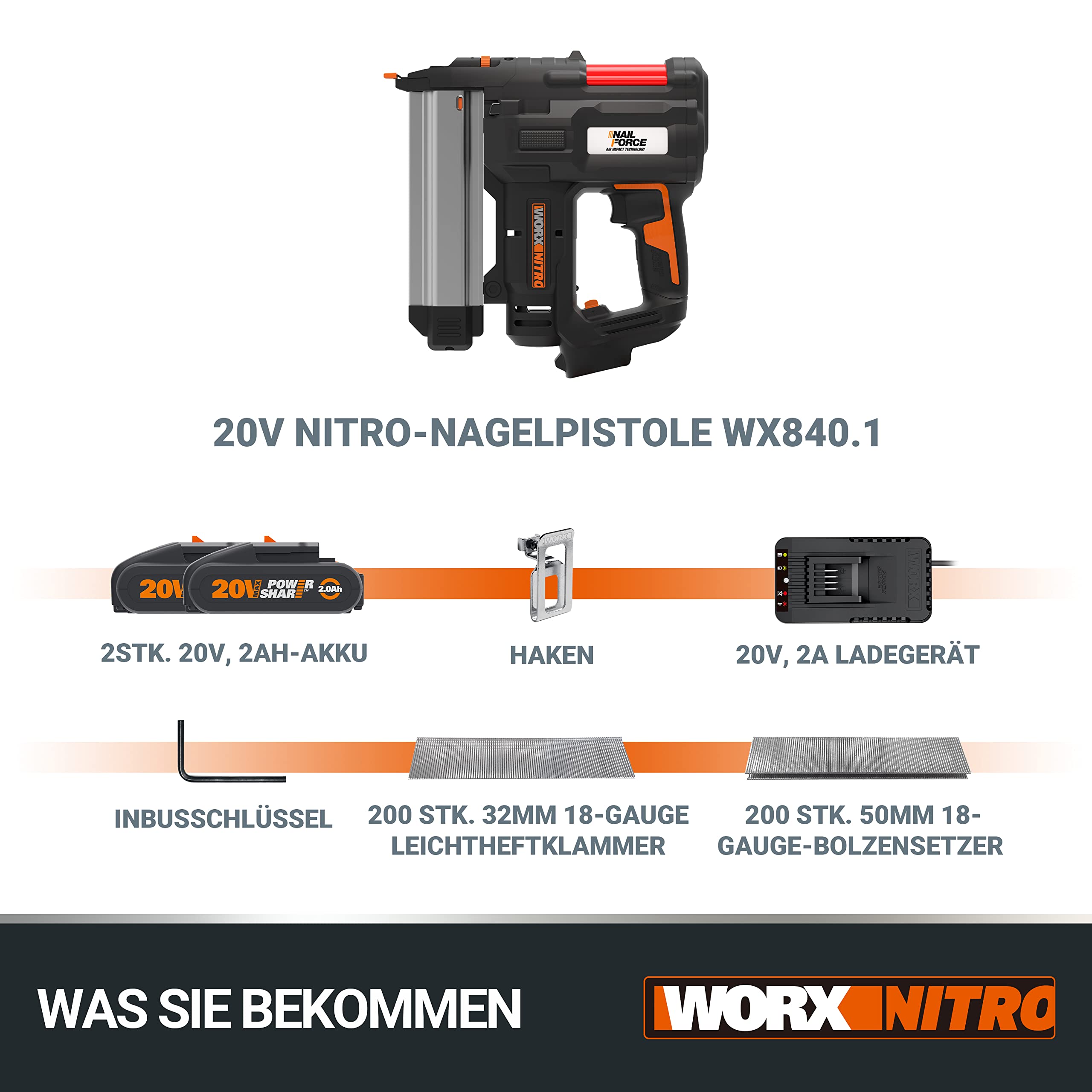 WORX NITRO 18V(20V MAX) Sparachiodi Brad Elettrica WX840.1, PowerShare, Chiodatrice Brad e Pinzatrice a Corona Stretta 2-in-1,Batteria 2x2Ah, Chiodi 18 da 38 mm 200 pz, Graffe 18 da 32 mm 200 pz