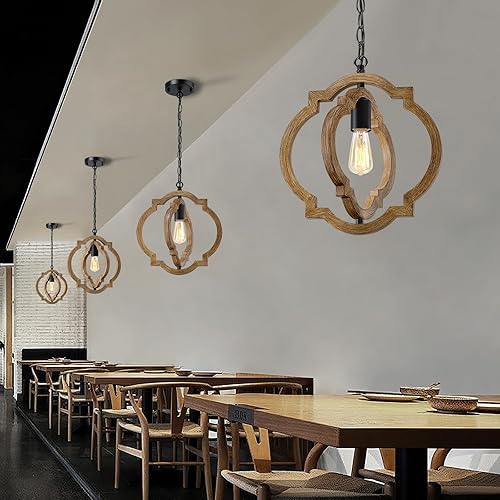 Miniatura 8 de Paquete de 2 lámparas colgantes de granja, luces colgantes de grano de madera para isla de cocina, altura ajustable, base E26, compatible con techo