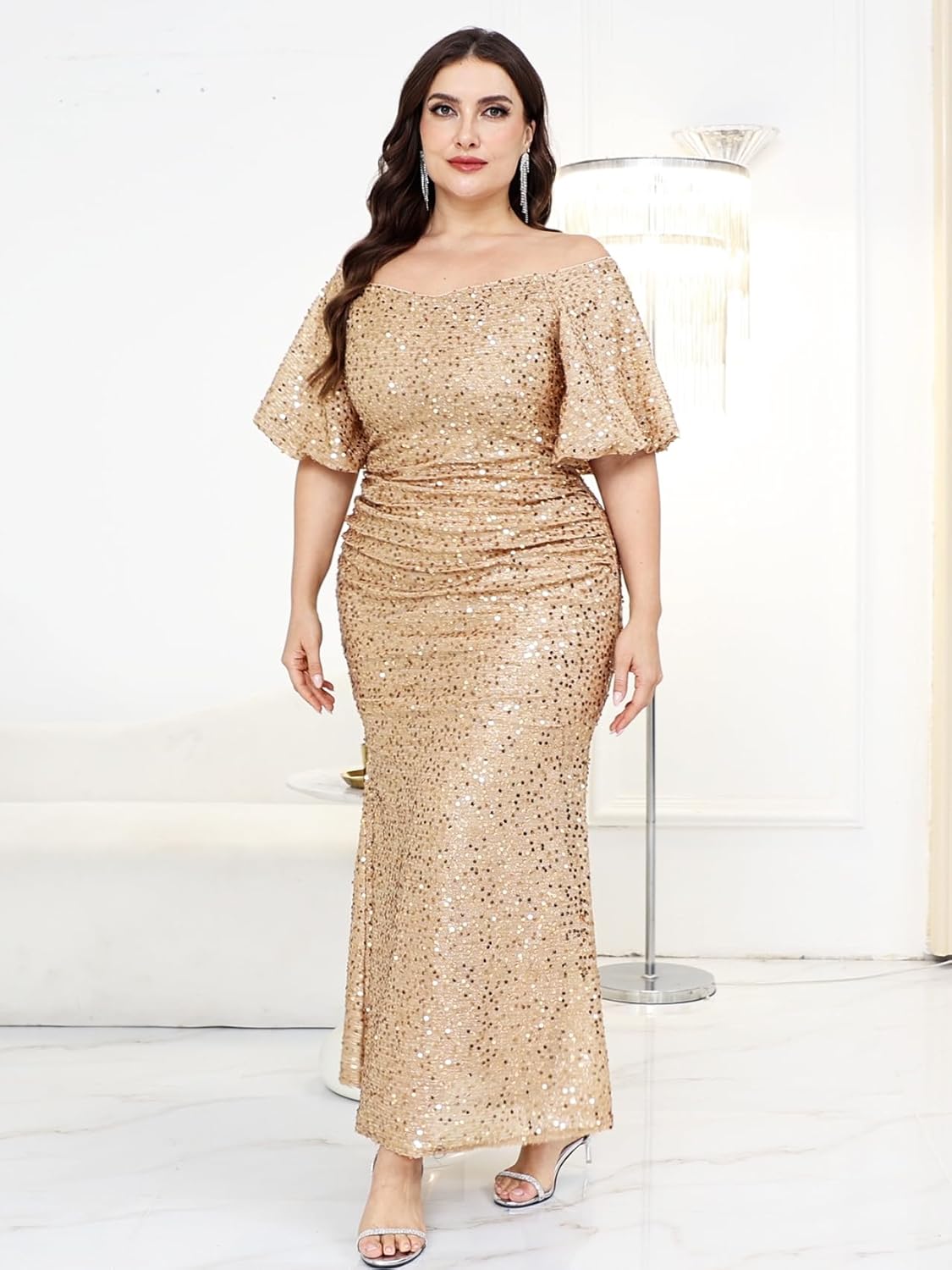 CYCLAMEN Plus Size Formal Sequin Dress Off The Shoulder Sparkly Glitter Black Tie Cocktail Wedding Prom Gala Evening Gown