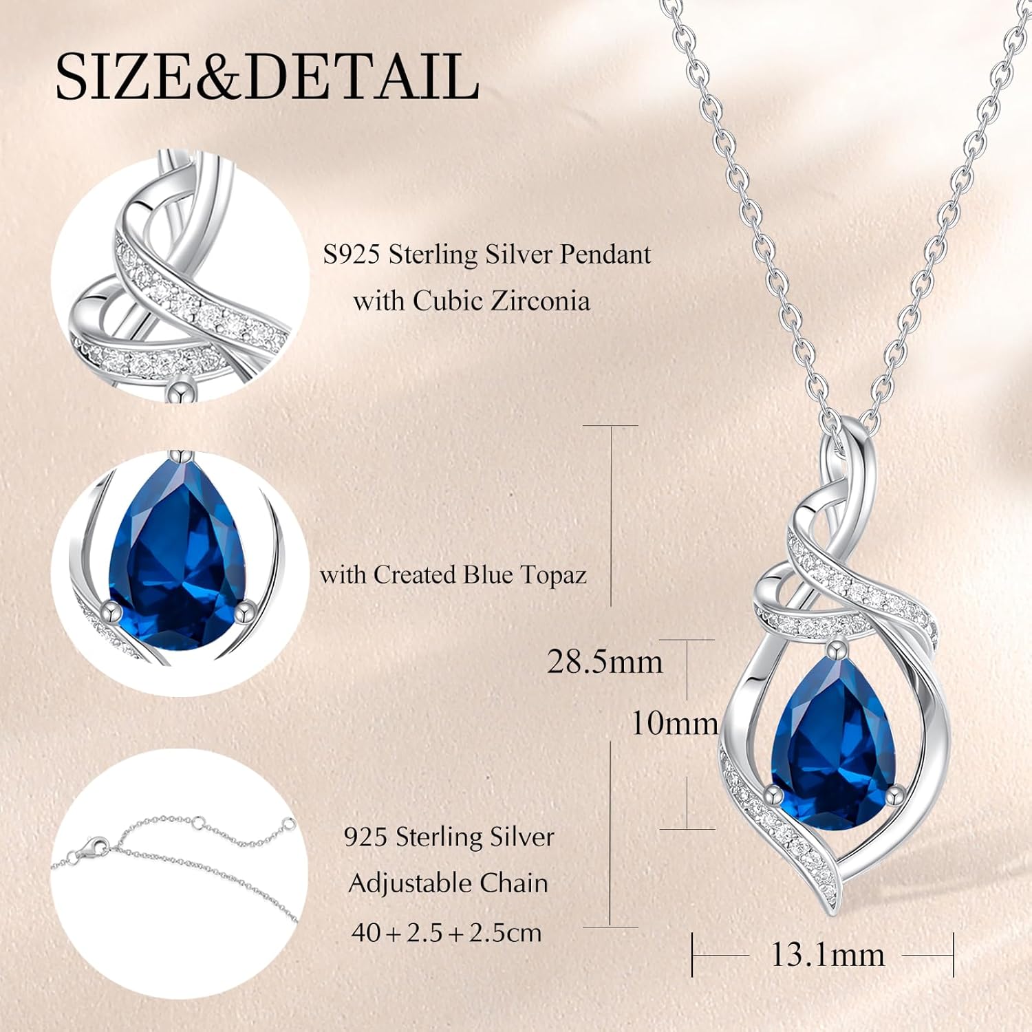 FANCIME Teardrop Gemstone Necklace for Women S925 Sterling Silver Elegant Ribbon Pendent Birthday Gifts for Her, 16"+2" Inches - Image 2