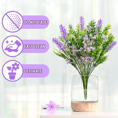 Miniatura 5 de Plantas artificiales de lavanda, 9 paquetes de plantas de plástico para decoración de boda, hogar, jardín, oficina, jarrón de mesa