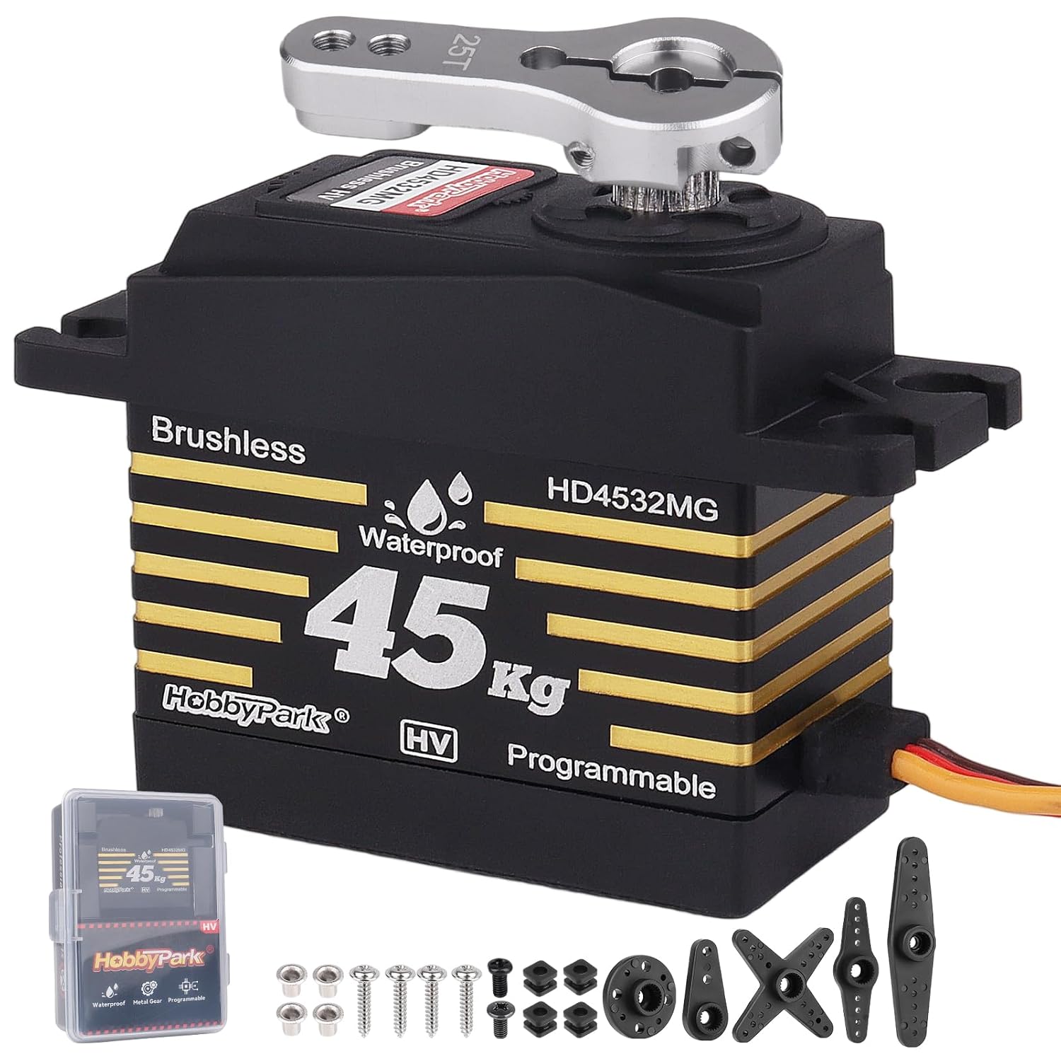 HobbyPark Waterproof RC Servo High Torque Brushless Motor Metal Gear Digital Servo for 1/8 1/10 RC Crawler SCX10 TRX4 RC Truck Car Buggy RC Basher Control Angle 90°-180° (45kg Torque)