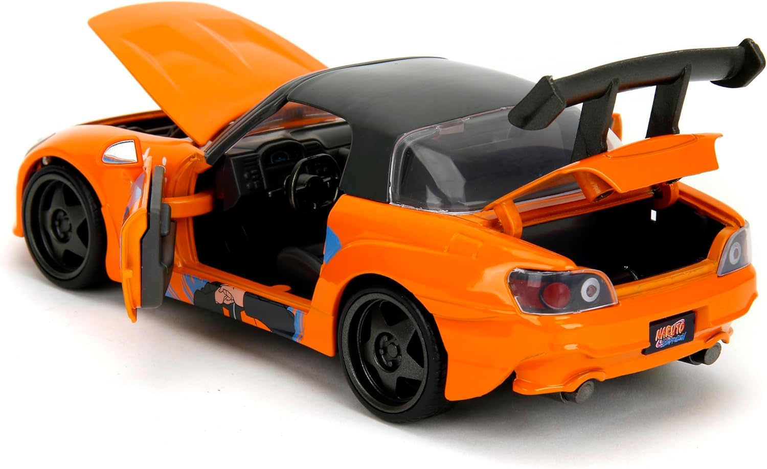 Jada 2001 Honda S2000 with Naruto Figure - Die-Cast Vehicle - 1:24 Scale, Opening Doors, Hood & Trunk, Rubber Tires - Hollywood Rides Anime Series - Ages 8+ - Orange/Black
