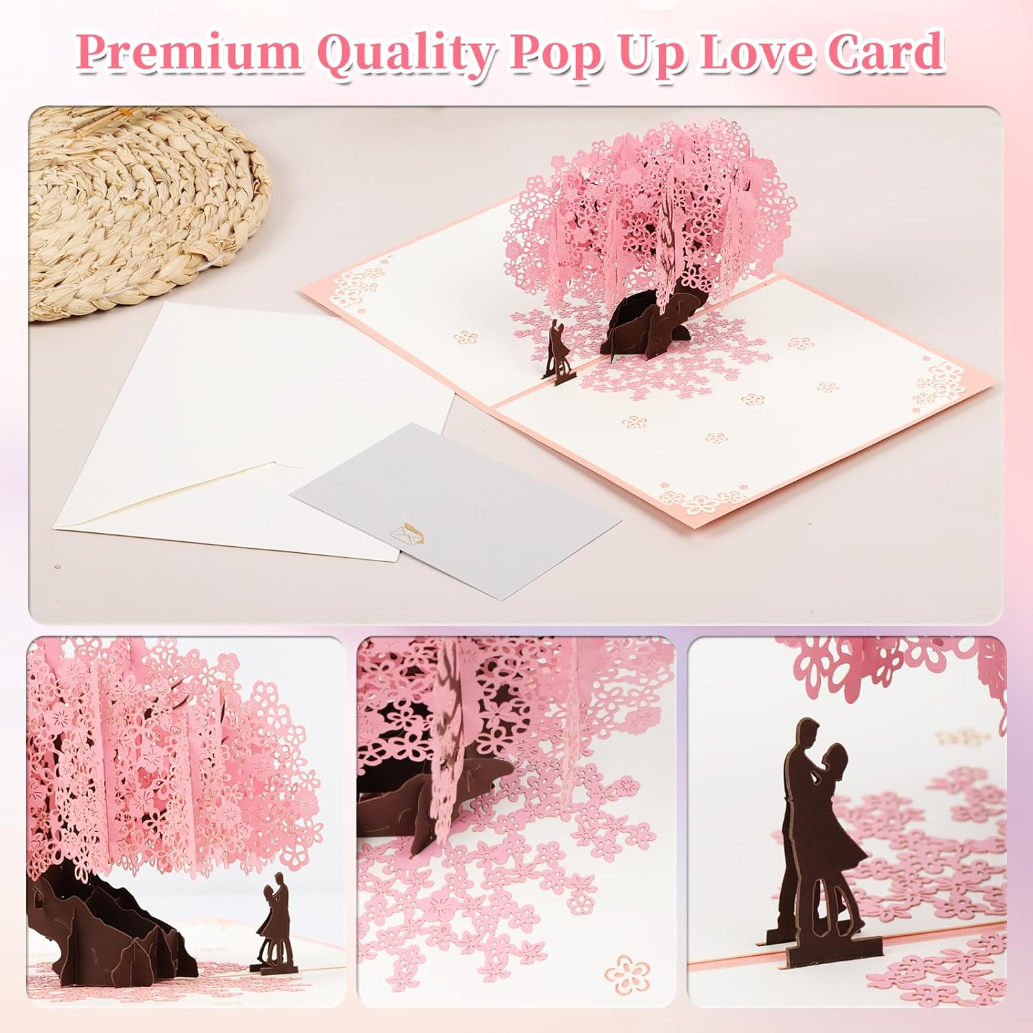 Pop Up Anniversary Card, 3D Cherry Blossom Love Tree Hearts Couple Wedding Card, Anniversary Greeting Cards for Romantic Love Gift to Her, Him, Husband, Wife, Mother’s Day - Image 3