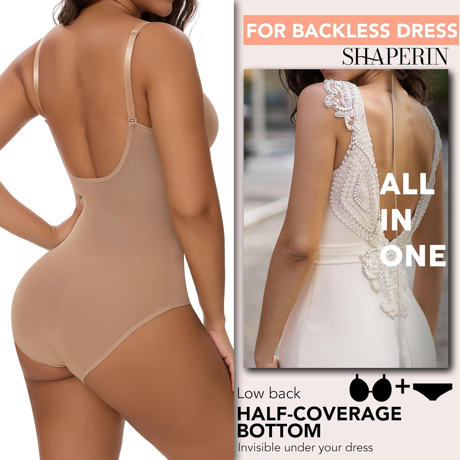 SHAPERIN Women's Backless Body Shaper Bra Faja U Plunge Low Back Thong Shapewear Tummy Control Deep V Bodysuit - Image 2
