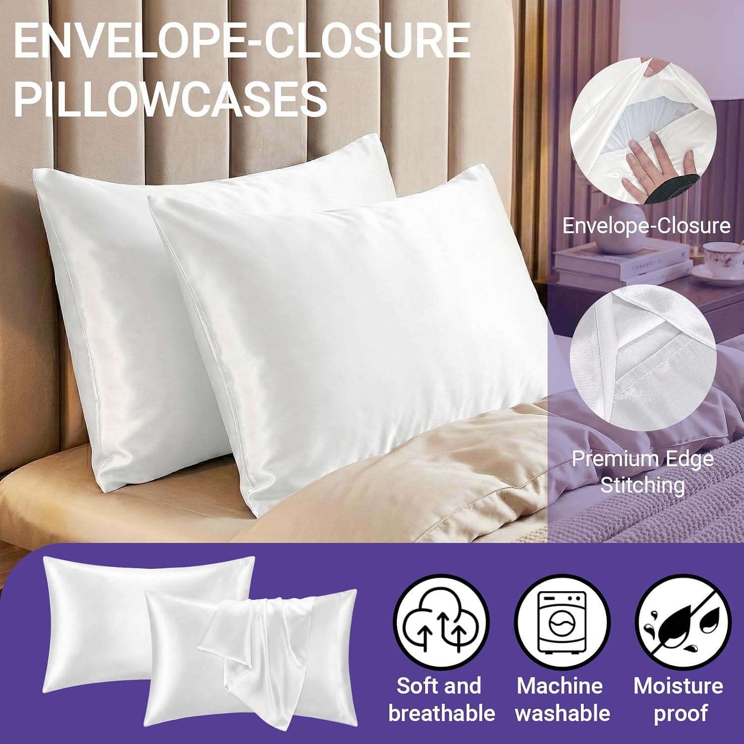 Q&J Fabric Co. Satin Pillow Cases 2 Pack, Standard Size Similar to Silk Pillow Cases for Hair and Skin, White Cooling Satin Pillowcase with Envelope Closure, 20X26 Inch