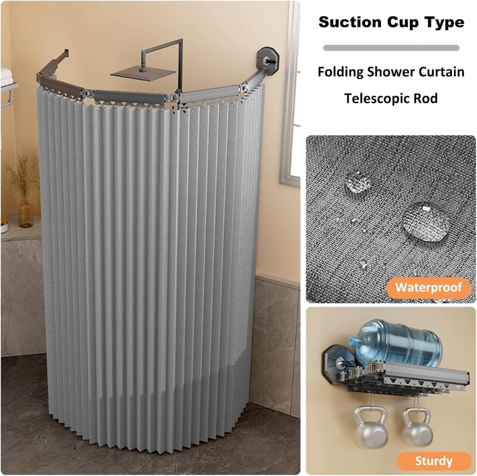 Tenda da doccia pieghevole antimuffa con ventose, lavabile in lavatrice, per vasca da bagno e doccia angolare, materiale di lino (172 cm + 25 cm, grigio chiaro)