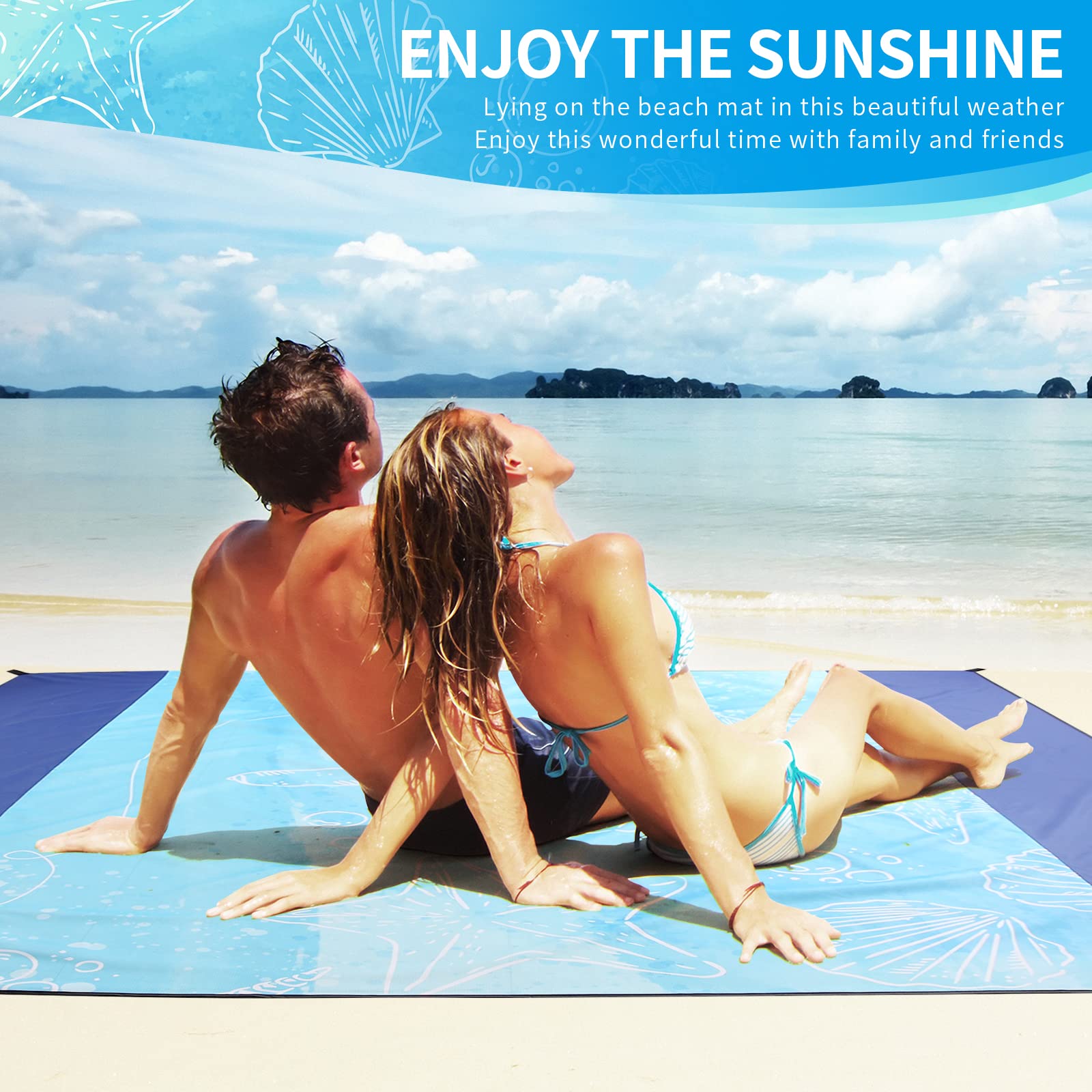 Tapis de Plage Anti-Sable 210 x 200 cm, Couverture Portable Avec 4 Piquets, Résistante Pour Camping, Plage, Randonnée - Bleu