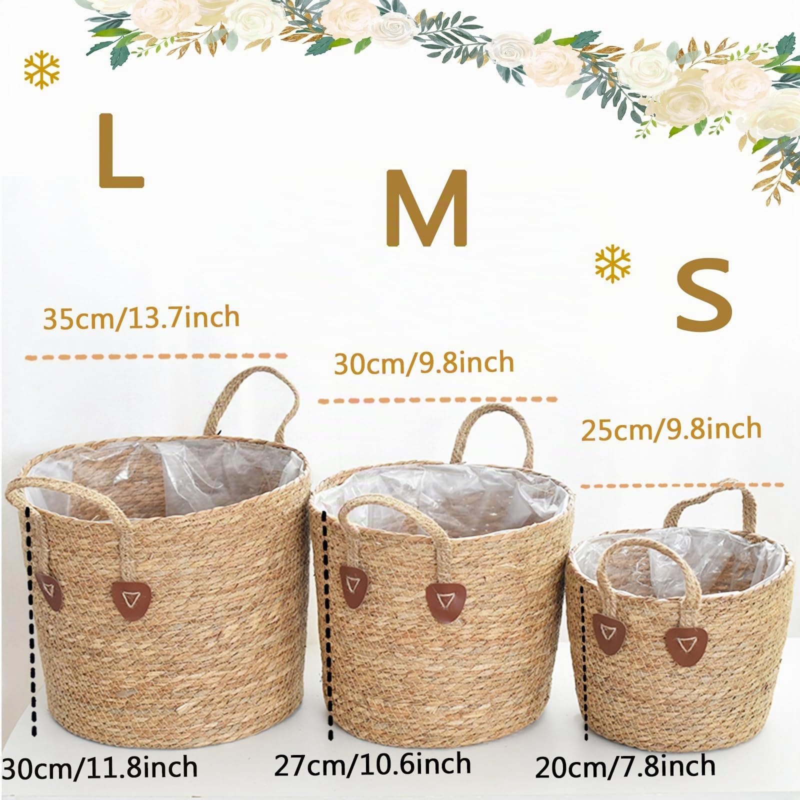 Pot de fleurs en osier tressé avec anse, panier de rangement pour jouets, panier de rangement avec poignée, fait à la main (L)