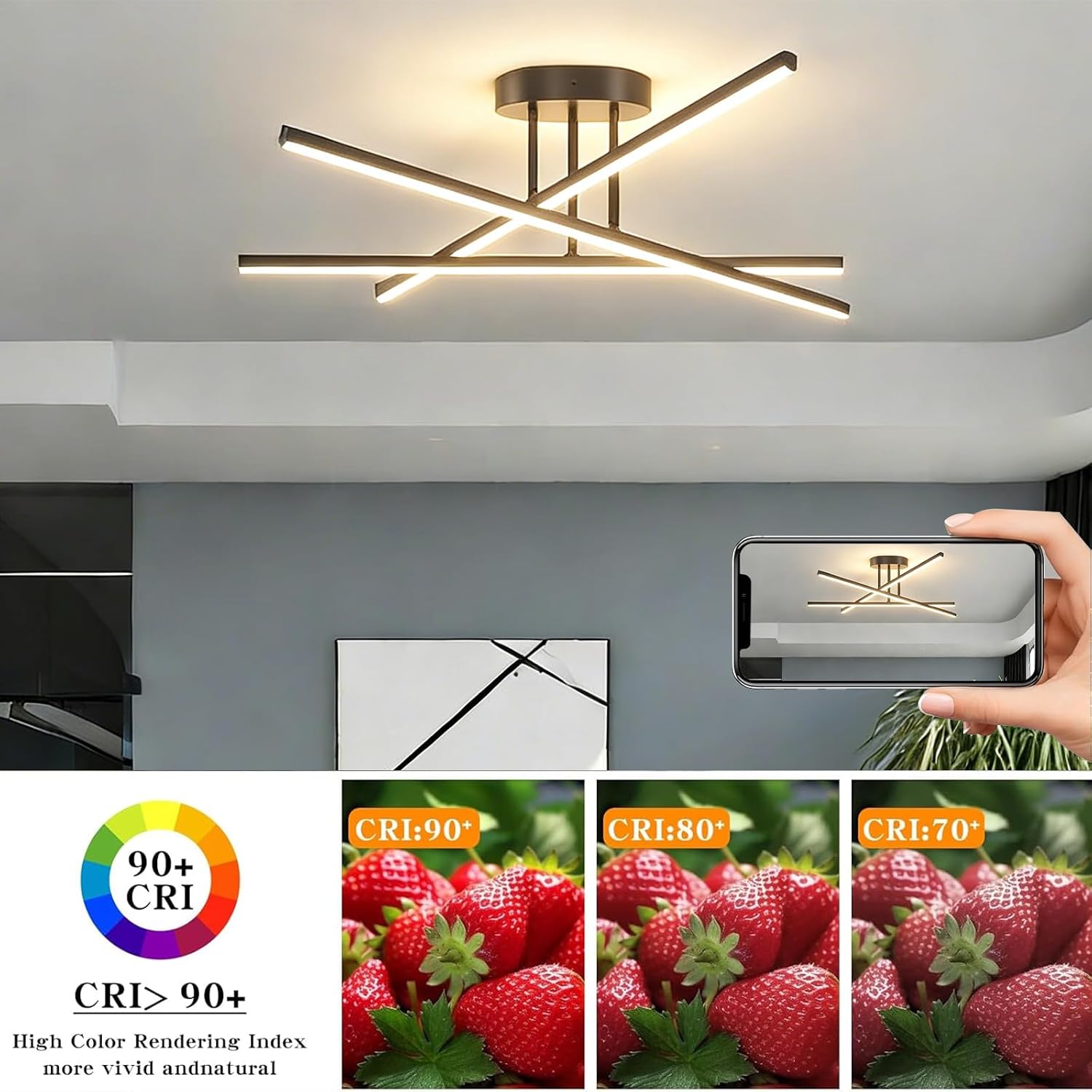 Modern Ceiling Light, 24W Chandelier with 3-Color Temperature (3000K/4000K/6000K), Black Flush Mount Ceiling Light Fixture for Dining Room, Living Room, Bedroom, Kitchen
