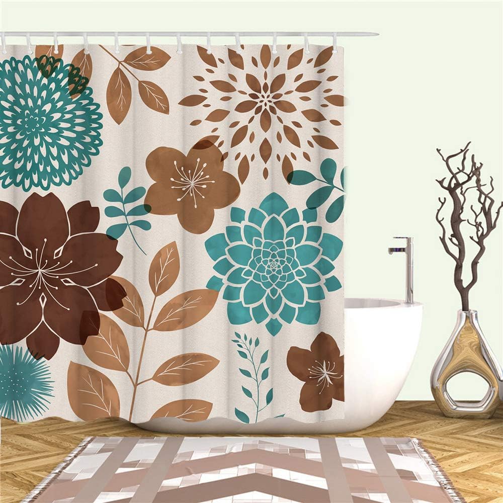 RnnJoile Teal and Brown Shower Curtain Turquoise and Teal Blue Flower Curtain for Bathtub Taupe Floral Bathroom Decor with Hooks 72"X72" Inches
