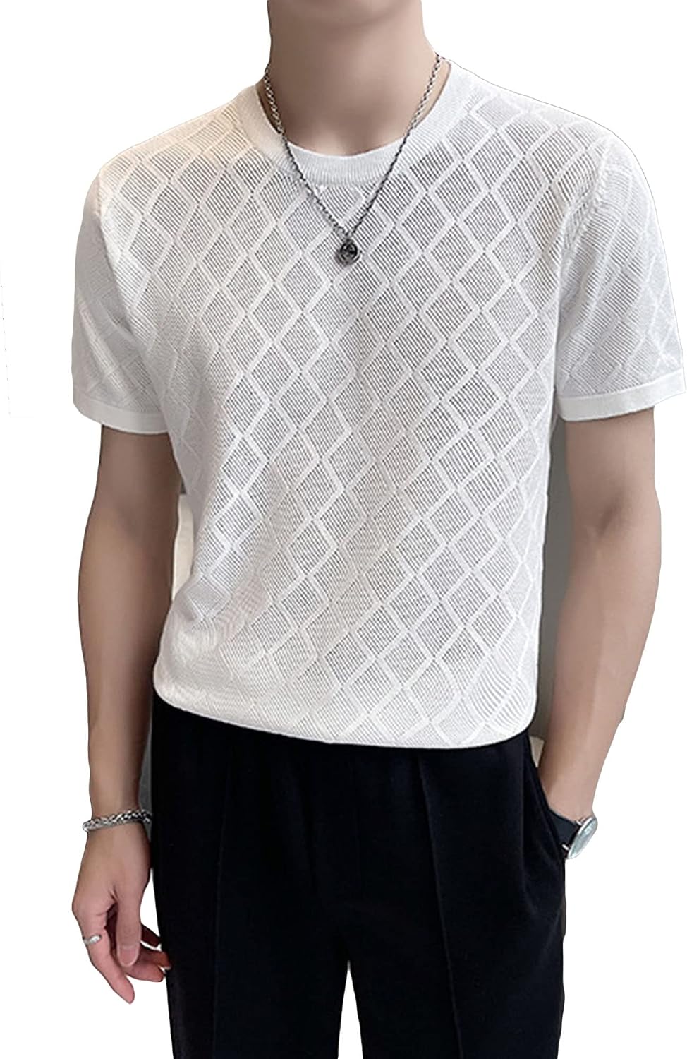 Men's Summer Fitness Slim T-Shirts Slim Fit Stretch Short-Sleeved Tops Fashion Short Sleeve Round Neck Tee