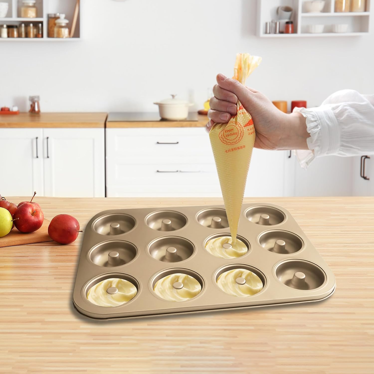 Donut Pans 2 Pack, 12 Cavity Nonstick Doughnut Trays, Gold | Nonstick Donut Pans for Baking, Deep Molds for Mini Bagels, Cakes & Homemade Baked Treats, 24 Cavities Total