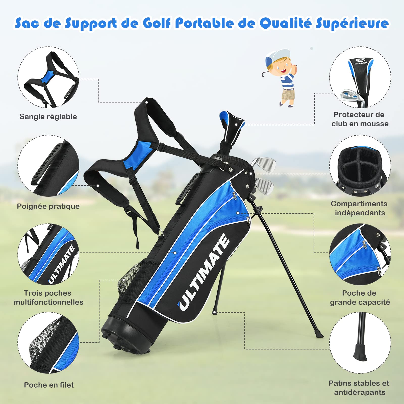 GOPLUS Ensemble Club de Golf Complet en 5 Pièces, Club 3# en Bois & 7# et 9# en Métal & Putter & Sac à Trépied, Idéal pour Enfant, Adolescents, Débutants, Garçons, Filles, Amateur, Bleu