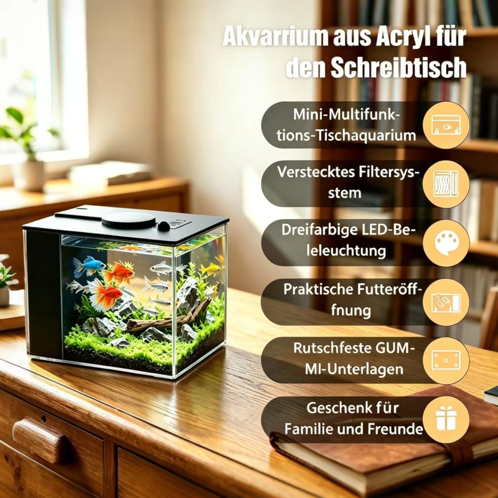 Akwarium kompletny zestaw z filtrem bocznym i pompą 20 x 15 x 15 cm, konstrukcja z trójkolorowym oświetleniem, nadaje się dla ryb ozdobnych, krewetek i roślin, na biurko, do salonu, biura