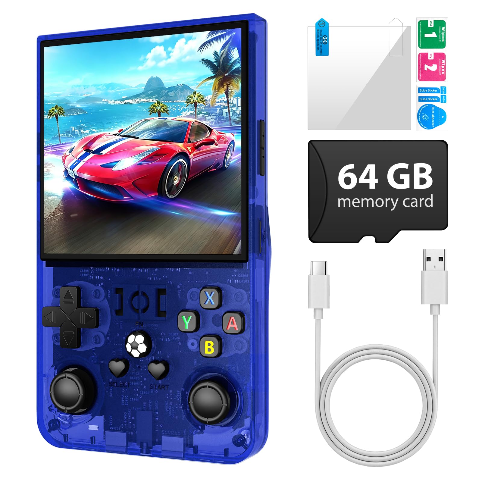 R36MAX Retro Handheld Game Console, 64GB Retro Gaming Console with 4.0 Inch Screen, Portable Video Game Consoles with 4000mAh Battery, Open Linux System (Transparent Blue)