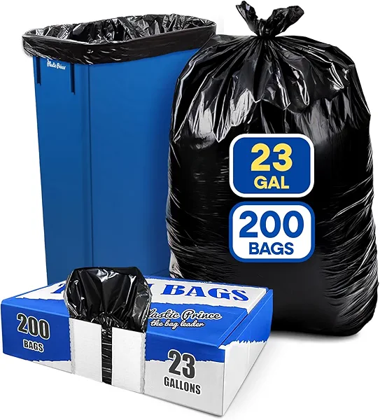 PLASTIC PRINCE 23 Gallon Trash Bags, 1 Mil Black Waste Bags, Fits Slim Jim 23 Gal Trash Cans, 29" x 44" Tall Garbage Trash Can Liners 200 Pack